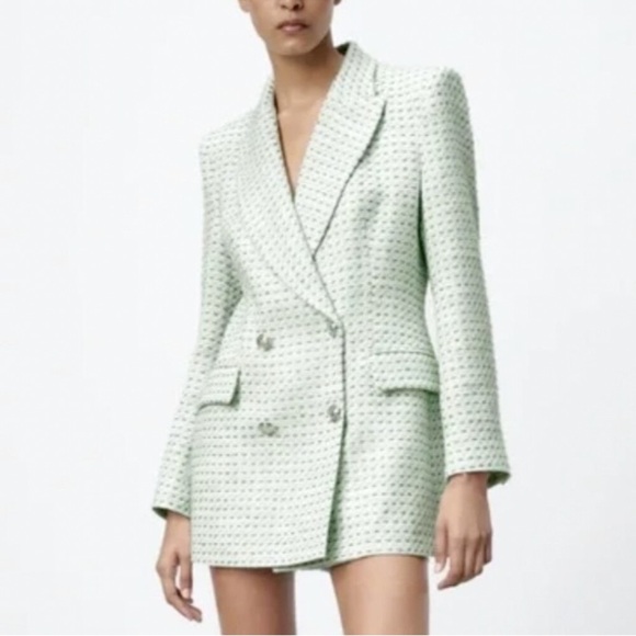 Zara Jackets & Blazers - Zara Green Tweed Blazer Double Breasted Womens Size Large Lined